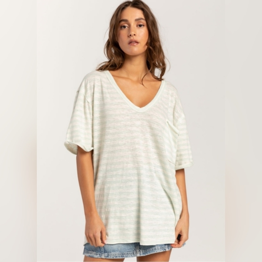 NWOT Free People We The Free All I Need Stripe Linen Blend Oversized Tee